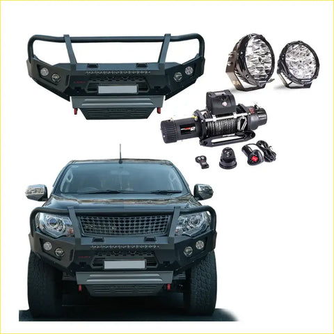 Black rugged Rockarmor Gt hoop bullbar combo pack with led lights and winch for Mitsubishi Mq Triton 4wd ute offroad