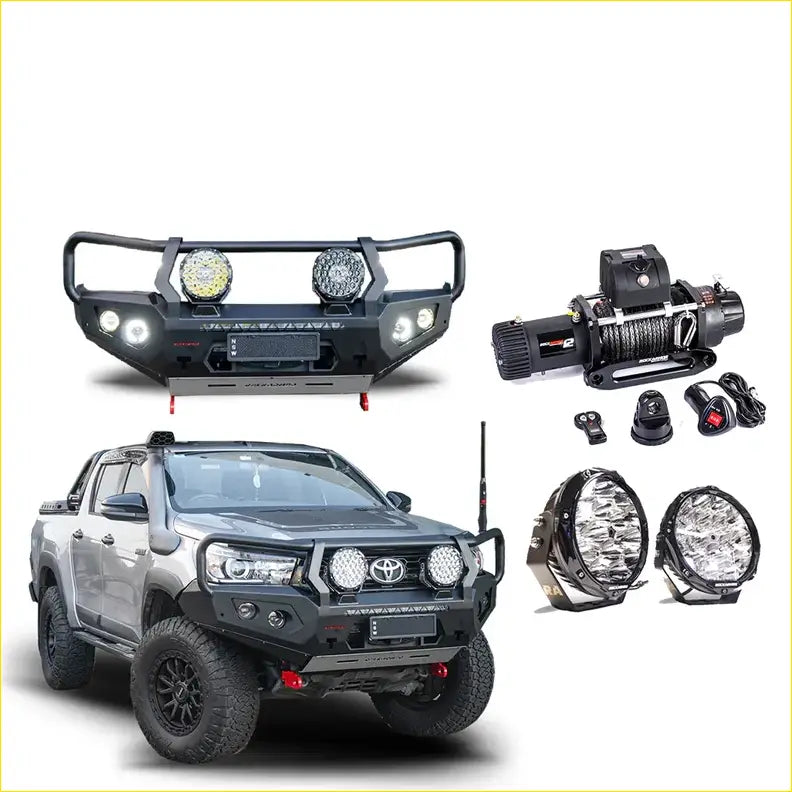 Black rugged Rockarmor GT hoop bullbar combo pack with led lights and winch for Toyota Hilux 4wd ute offroad trucks