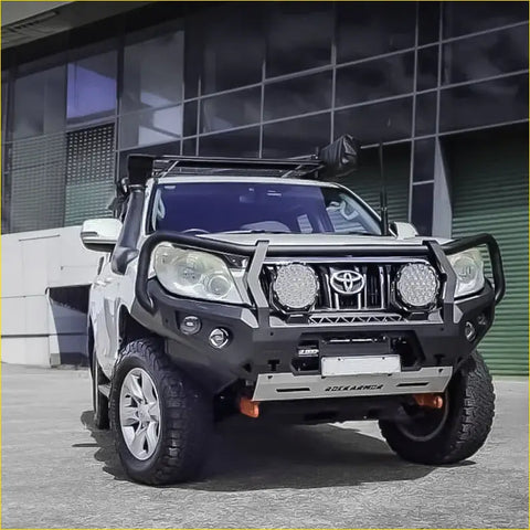 Silver toyota prado 150 2009-2015 with black rockarmor gt hoop bullbar combo pack offroad 4wd ute setup
