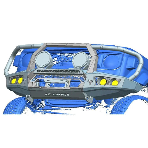 Blue and gray steel rockarmor gt hoop bullbar with integrated lights for toyota landcruiser 4wd ute offroad use