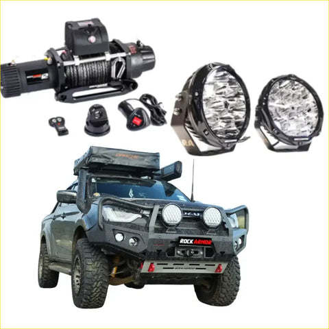 Black rugged steel rockarmor gt hoop bullbar combo with roof rack on isuzu dmax 2020-2024 pfl front view