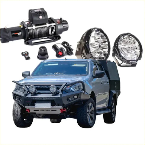 Silver metallic isuzu dmax 2024 with black rockarmor gt hoop steel bullbar combo full bar replacement and off-road tires