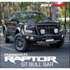 Black Rockarmor GT hoop steel bull bar combo pack mounted on Ford Ranger Raptor 4WD ute for offroad use