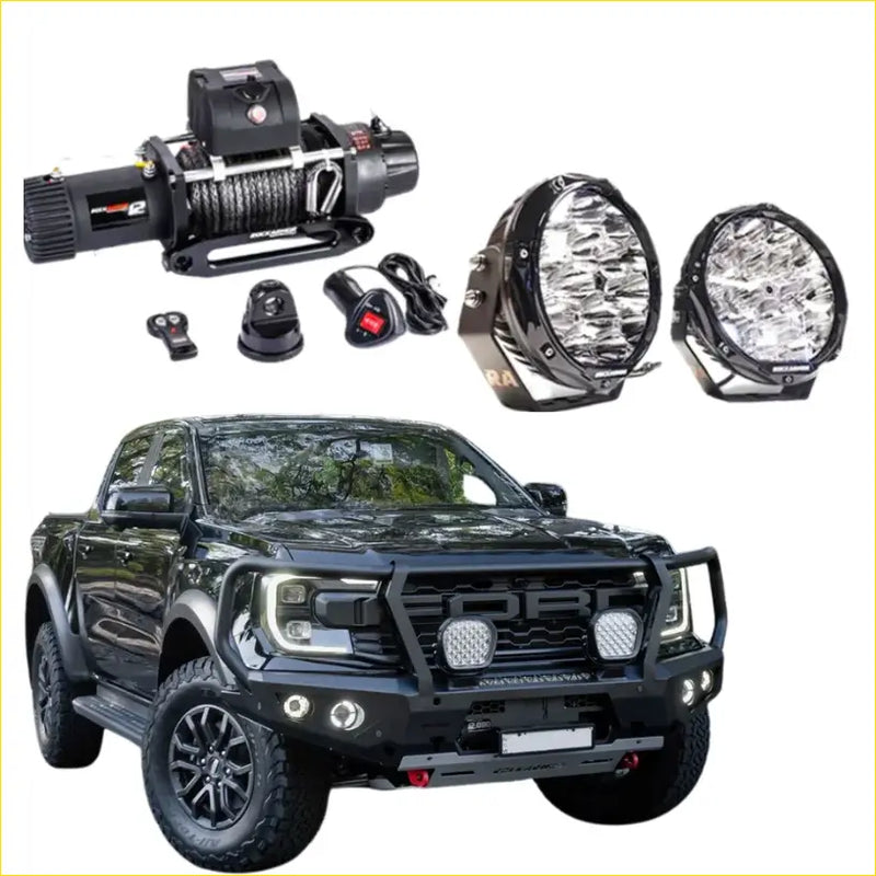 Black ford ranger ute with rockarmor gt hoop steel bullbar combo pack featuring rugged 4wd offroad design