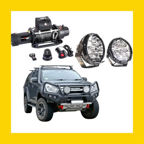 Black isuzu dmax ute with rockarmor gt hoop steel bullbar combo and led light bar for tough offroad 4wd use