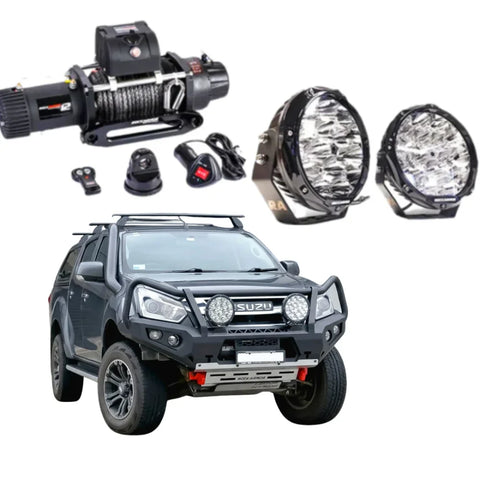 Black Isuzu Dmax ute with Rockarmor GT hoop steel bullbar combo featuring rugged front bumper and dual LED headlights for offroad 4WD