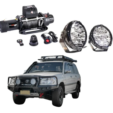 Silver toyota land cruiser 4wd with black steel rockarmor gt hoop bullbar and roof rack for offroad use
