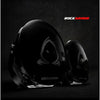 Black rockarmor motorcycle helmet with glossy finish and white logo paired with steel bullbar for 4wd ute offroad use