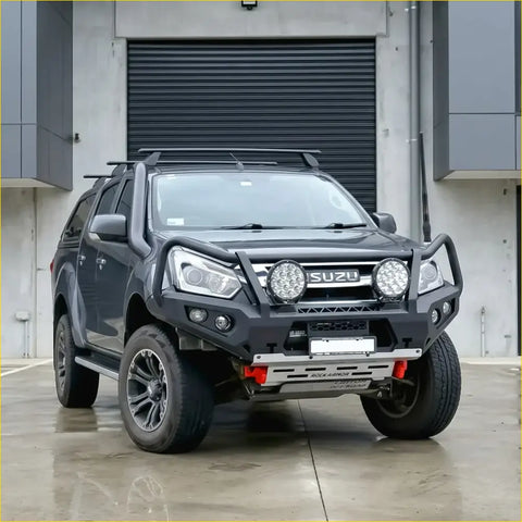 Black isuzu d-max with rockarmor gt hoop steel bullbar rugged front bumper roof rack and off-road tires
