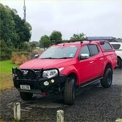 Red mitsubishi triton with black rockarmor gt hoop steel bullbar full bar replacement and roof rack