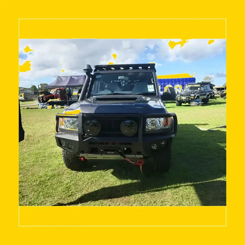 Black armored steel rockarmor gt hoop bullbar with rugged front bumper and roof rack for toyota landcruiser 78 troopy