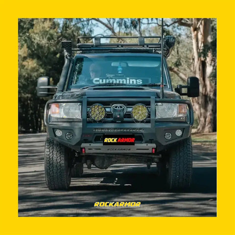 Black toyota land cruiser with rockarmor gt hoop steel bullbar full bar replacement for off-road use