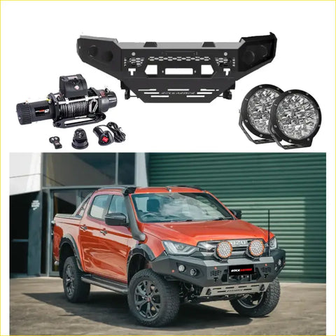 Black metal rockarmor gt hoopless bullbar with integrated led lights and mounting points for off-road isuzu dmax pickup