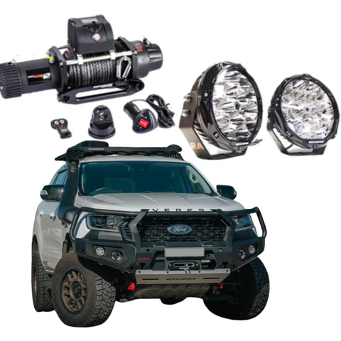 Silver ford ranger ute with black steel rockarmor gt hoopless bullbar combo offroad bumper and roof rack