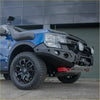Black steel rockarmor gt hoopless bullbar with red recovery points and leds on blue ford ranger 4wd ute offroad
