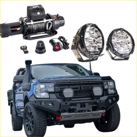 Black rugged steel rockarmor gt hoopless bullbar combo with winch and led lights for offroad 4wd ute ford ranger
