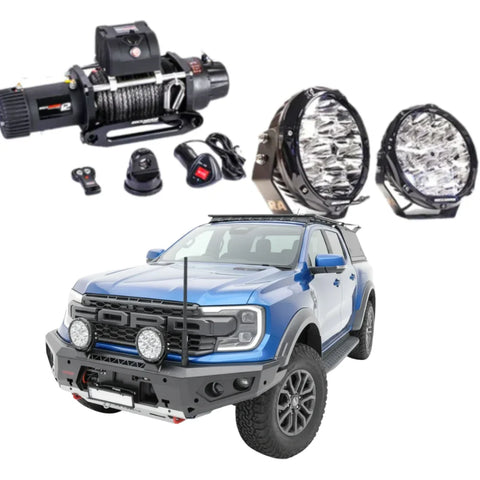 Blue ford ranger ute with rockarmor gt hoopless steel bullbar combo, black bumper, roof rack, and offroad led lights