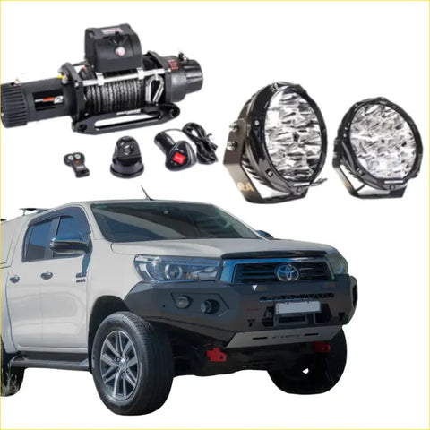 Black and silver led off-road light bar with rugged circular design on rockarmor gt hoopless steel bullbar combo for toyota hilux n80