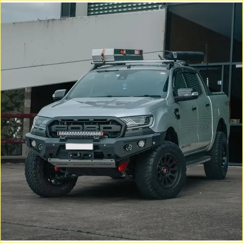 Silver ford ranger ute with rockarmor gt hoopless steel bullbar full bar replacement and black offroad 4wd tires