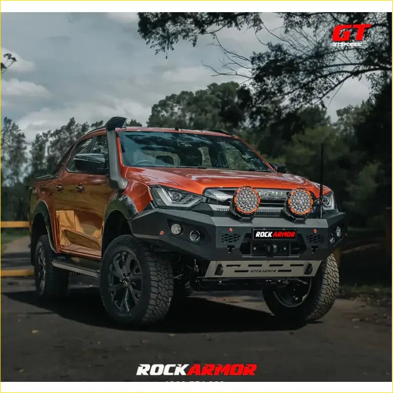 Orange isuzu ute with rockarmor gt hoopless steel bullbar and round led lights for offroad 4wd use