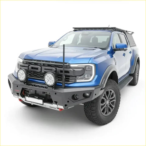 Blue ford ranger raptor with a black rockarmor gt hoopless steel bullbar full bar replacement front bumper and roof rack