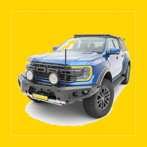 Blue and white ford ranger raptor with rockarmor gt hoopless steel bullbar black bumper roof rack rugged tires