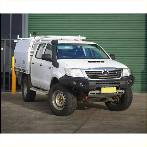 White toyota hilux with black rockarmor gt hoopless steel bullbar full bar replacement front bumper roof rack and side steps