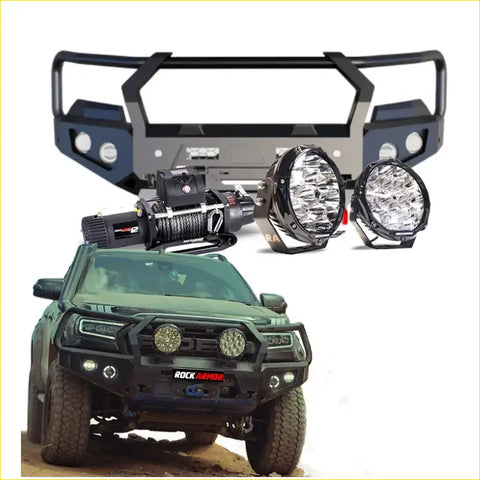 Black rockarmor gt steel hoop bullbar combo pack front bumper with led lights and winch mount for ford ranger 4wd ute offroad
