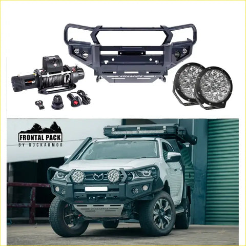 Black metal front bumper with integrated led lights and winch mount for offroad 4wd ute mazda bt50 2020+