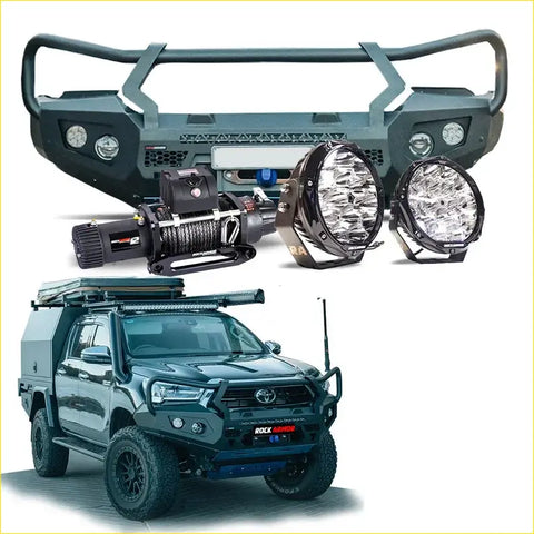 Black rugged steel front bumper with integrated lights and winch for offroad 4wd ute toyota hilux 2020-2025