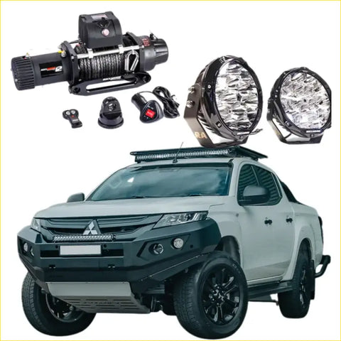 Black and silver steel hoopless bullbar combo pack with led headlights winch and remote for mitsubishi mr triton ute 4wd offroad