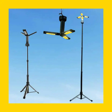 Rockarmor led light stand with black foldable arms and tripod base glowing bright yellow for work lighting
