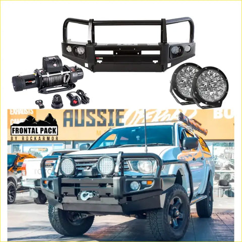 Rockarmor premium black metal bullbar with led lights and winch mount for mitsubishi triton ute 4wd offroad use