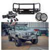 Black metal rockarmor premium bullbar with integrated headlights and offroad mounting for nissan patrol gu4 4wd ute