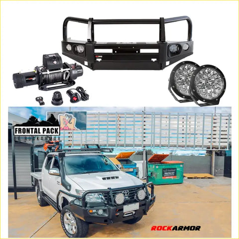 Rockarmor premium black metal bullbar with circular headlights and winch mount for toyota hilux 4wd ute offroad use