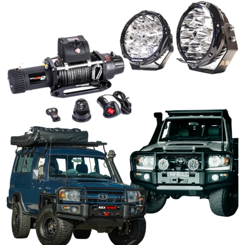 Black led light bar with rugged circular design and bright bulbs for offroad 4wd ute on rockarmor bullbar combo