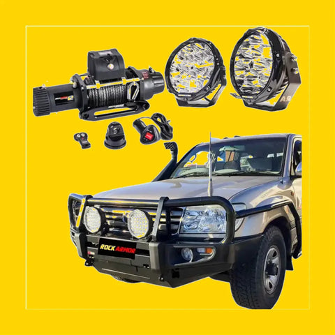Black rockarmor premium bullbar with integrated circular headlights and rugged off-road design for toyota landcruiser fj100