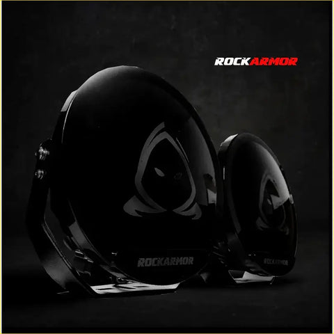 Black rockarmor motorcycle helmet with glossy finish and white logo fits offroad 4wd and ute riders