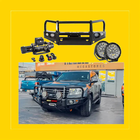 Black rockarmor premium bullbar front bumper with integrated led lights and winch mount for toyota landcruiser 200 series