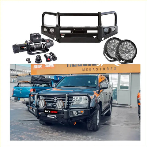 Black rock armor premium bullbar front bumper with integrated round led lights and winch mount for landcruiser 200