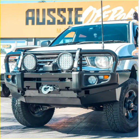 Black metal rockarmor premium steel bullbar with two led lights and winch mount for mitsubishi triton ute 4wd offroad