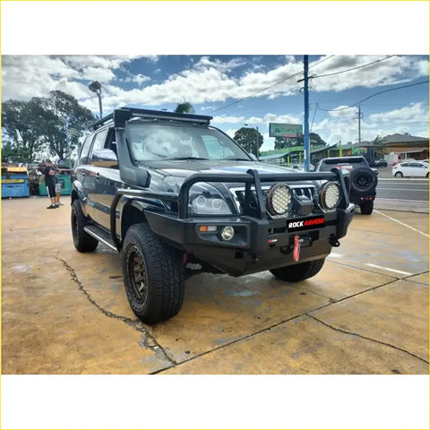 Black rockarmor premium steel bullbar with rugged front bumper and roof rack for toyota prado fj120 4wd offroad ute