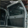 Black Rockarmor storage box mounted inside vehicle door part of Rockarmor rear folding table and pantry for Prado 120