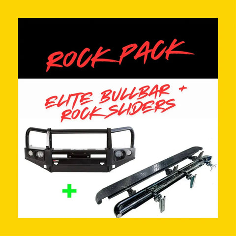 Black metal elite hoop bullbar with integrated headlights and rock sliders for offroad 4wd ute protection