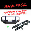 Black rockarmor premium bullbar and integrated rock sliders for toyota hilux 4wd ute rugged steel offroad build