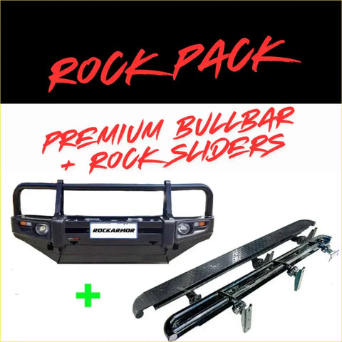 Black Rockarmor premium steel bullbar with integrated rock sliders and textured grip for offroad 4wd utes