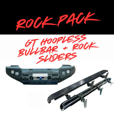 Black gt hoopless bullbar with integrated lights and rock sliders for tough offroad use on toyota landcruiser ute