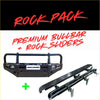 Black rockarmor premium bullbar with integrated rock sliders in rugged steel for toyota landcruiser fj100 4wd offroad ute