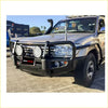 Black rockarmor front bumper for toyota landcruiser fj100 with integrated circular led lights and rugged protective design