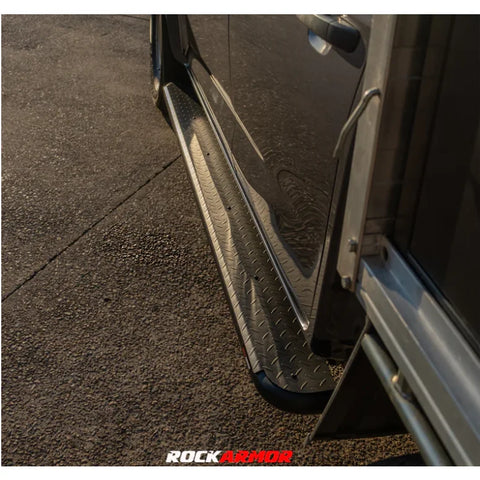 Silver diamond plate rockarmor steel rock sliders side step with black rubber end caps for Mazda bt50 4wd ute offroad